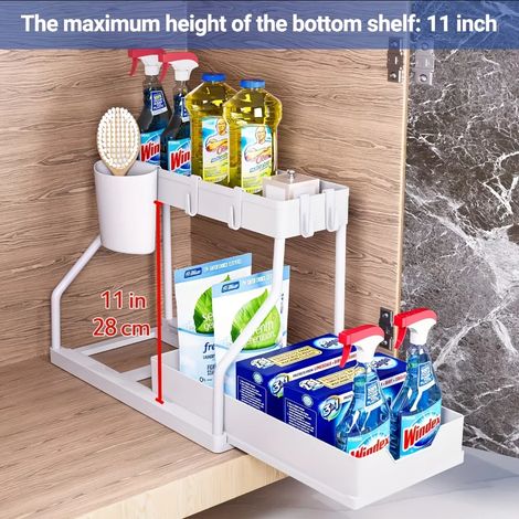 (Blanc-B) Organisateur de rangement sous évier à 2 niveaux, gain de place, boîte de rangement coulissante, grande capacité, indispensable pour la cuisine et la salle de bain. (1/5)
