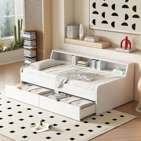 Cama individual de pino y MDF blanca 90x200 cm con 2 cajones, estantes laterales y somier de láminas (1/5)