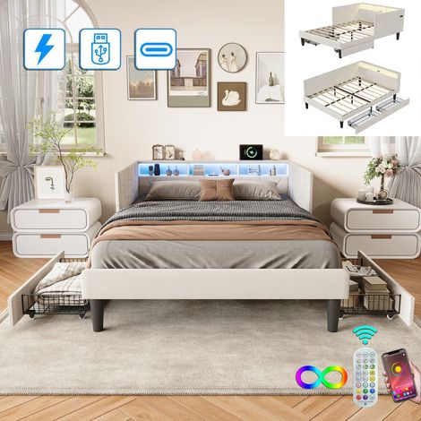 Einzelbett 140x200 cm mit 2 Schubladen, LED-Kopfteil und Stauraum, USB- + Typ-C-Ladeanschluss, Lattenrost, Samtstoff, Kinderbett – Beige