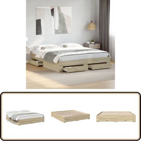 Cadre de lit avec tiroirs sans matelas chêne sonoma 200x200 cm - Cadre De Lit - Lit Double - Lit Avec Tiroirs - Meuble De Chambre - Rangement Sous Lit