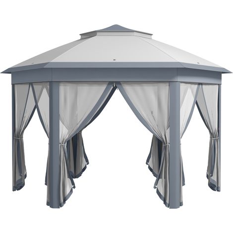 3 x 4m Metal Frame Hexagon Gazebo, with Curtains - Grey
