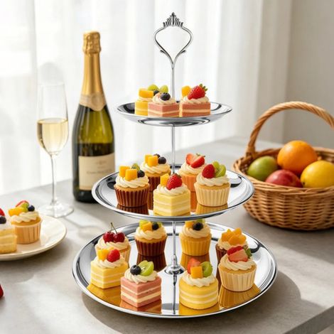 Présentoir à gâteaux et desserts élégant Irovami argenté à 3 niveaux en acier inoxydable (1/2)