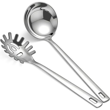 louche inox et ensemble de fourchette à pâtes 2 pièces, ustensiles de cuisine pour cuisiner, remuer, servir des spaghettis, de la soupe, de la sauce, compatibles lave-vaisselle (1/5)