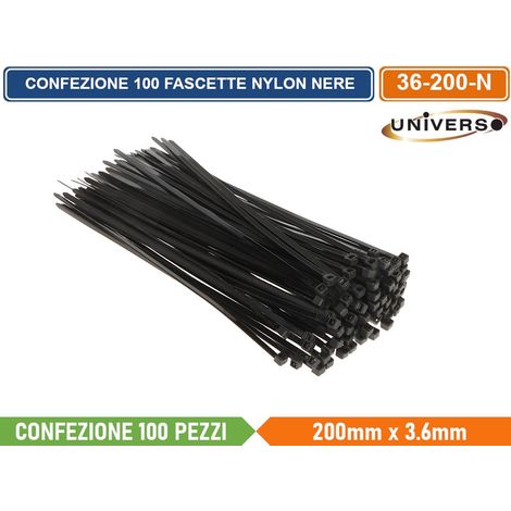 CONFEZIONE 100 PEZZI FASCETTE SERRACAVO AUTOBLOCCANTI IN NYLON NERO 3.6mm X 200mm (1/2)