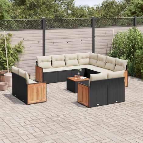 Salon de jardin en résine tressée noir avec 12 pièces et coussins crème, structure acier et plateau acacia, rangement intégré, modulable (1/3)