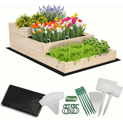 MODO24 Carré potager surélevé en bois, 3 niveaux en cascade, 27x60x93 cm, jardin/terrasse, kit jardinier inclus, naturel