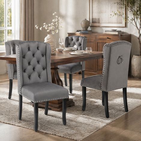 Sedie da sala da pranzo in velluto set da 2 con gambe in rovere, grigio DESVIAE (1/5)