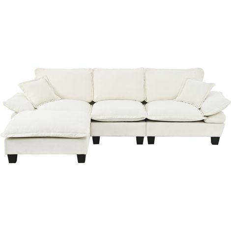 Sofá modular en L de chenilla beige con puf móvil y 2 cojines
