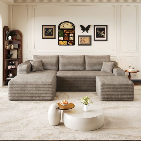 Divano angolare a U a 3 posti in velluto a coste, chaise longue a sinistra + pouf, non richiede montaggio, compresso, 241x151x58 cm, kaki (1/5)