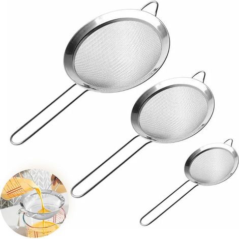 Lot de 3 passoires de cuisine 8/10/12 cm en acier inoxydable 304 à mailles fines pour quinoa, passoire, légumes, fruits, thé, sucre en poudre (1/5)