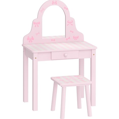 Tocador infantil 2 en 1 rosa con taburete, espejo extraíble y cajón (1/5)
