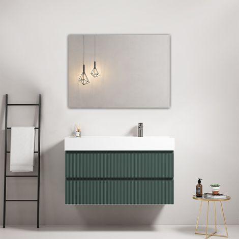 Mobile bagno sospeso cannettato 100 cm Verde Comodoro Lavabo a Destra in Resina Specchio Quadro - Fiji Paint