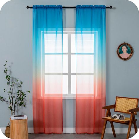 Paire de rideaux voile semi-transparents, couleur dégradée, bleu et rouge, rideau pour salon, chambre, cuisine, intérieur, 2 panneaux avec poche 70 x 258 cm (1/5)