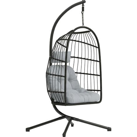 Silla Colgante Huevo con Soporte Cesta Plegable Cojín Reposacabezas Altura Ajustable y Cuerda Carga 120 kg Gris Claro