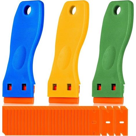 3 Pièces Grattoir Plastique avec 50 Pièce Lames Plastique pour Enlever Étiquettes a Colle Peinture Autocollants et Décalcomanies (1/5)