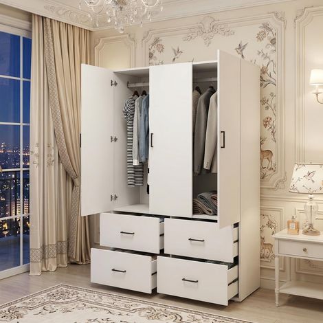Armario de Dormitorio de Madera Maciza Blanco, 2 Puertas con Espejo y 4 Cajones, Estilo Nórdico, Tiradores Negros (1/5)