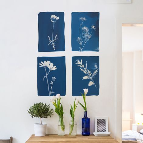 Sticker décoratif, herbier, plantes, fleurs, bleu, 68 cm X 48 cm (1/5)