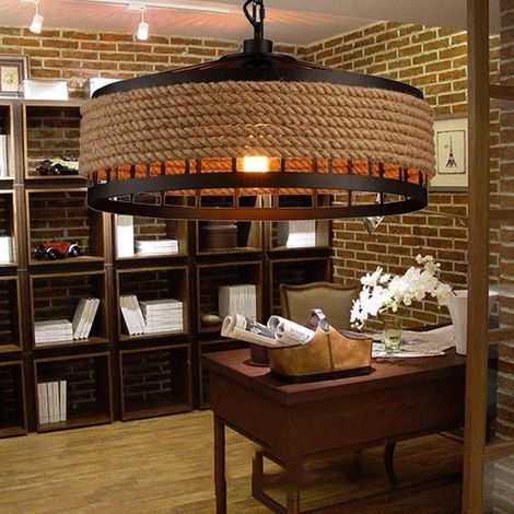 Lampe à suspension industrielle lampe suspendue rétro corde Loft lustre suspension chanvre corde lustre chandelier rond suspension Cage fer pour café bar chambre salle à manger Décoration (1/5)