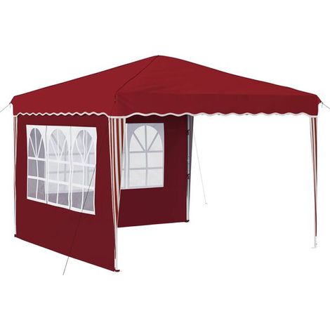Tente de réception portable, mesurant 288 x 288 x 245 cm, en tissu Oxford bordeaux. (1/5)