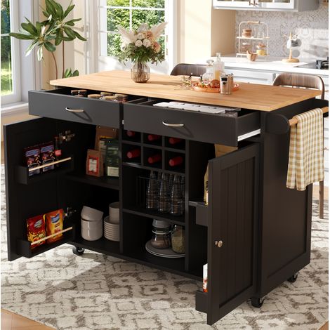 Isola da cucina 102x45x92 cm nera in MDF e metallo con ruote, portabottiglie e ripiani regolabili (1/5)