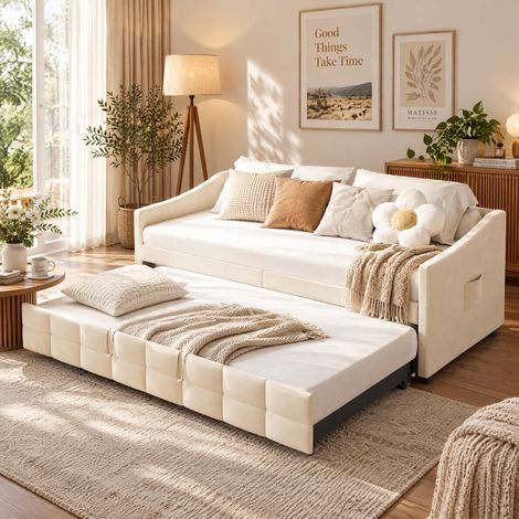 JOOKGBD-Canapé Lit 90x200 cm, Lit 2 Places Convertible Banquette-lit Gigogne avec Sommier à Lattes,Canapés Convertible Extensible,Lit Double Rembourré,Velours,Beige,Matelas non compris