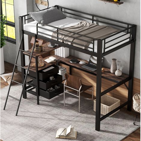 lit mezzanine chambre rangement bureau 90x200 métal OKMYHOME (1/5)