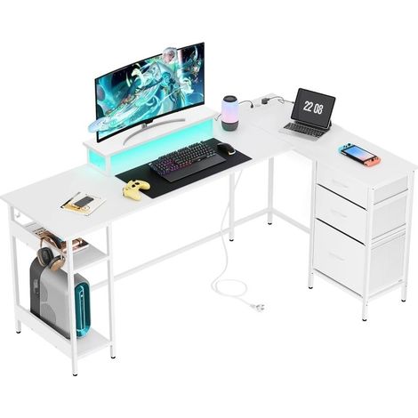 Amplio escritorio en L de esquina blanco 168×103 cm con cajones, enchufes y puertos USB, provisto de espacios de guardado, ideal para oficina y dormitorio (1/5)