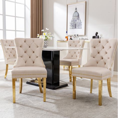 Silla comedor de terciopelo beige con respaldo de anilla decorativa, tachuelas y patas de acero inoxidable dorado ajustables, elegante para salón y cocina CHICFURN (1/5)