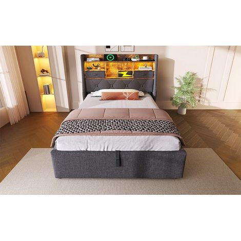 Lit coffre 90x200 cm, tête de lit LED, USB et Type-C, rangement hydraulique, sommier inclus, lin gris, lit simple, sans matelas (1/5)