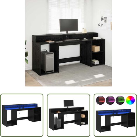 Éclairage LED - Bureau avec porte Chêne noir 200 x 55 x 91 cm Bois d'ingénierie (1/5)