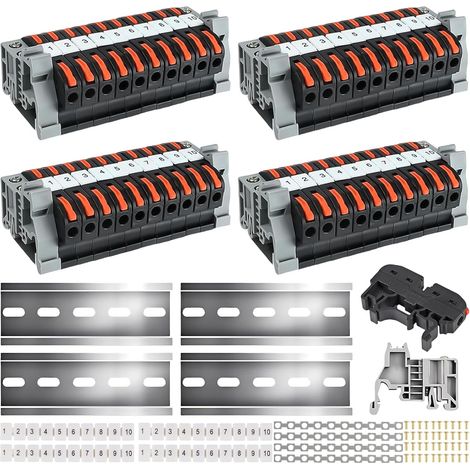 Packung mit 40 DIN-Schienenklemmen, DIN-Schienen-Klemmenblock-Set mit digitalen Markierungsstreifen, Schienenschrauben-Befestigungssockel-Elektroanschlussblöcke 0,08-4 mm² für feste Kabel (10 cm x 4) (1/5)