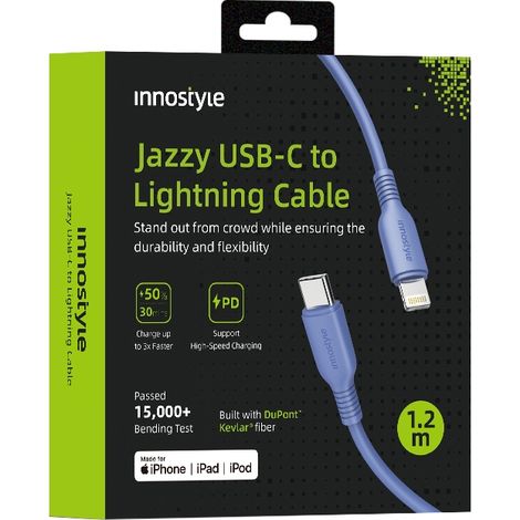 Cavo Lightning USB-C Innostyle Jazzy con ricarica rapida MFi per iPhone, in kevlar, 1 m, blu. (1/5)