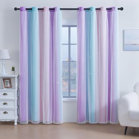 Rideaux Occultants Arc en Ciel Bleu Violet Rose 132x160 cm Lot de 2 pour Chambre d'Enfant, Motif Etoiles, Œillets (1/4)