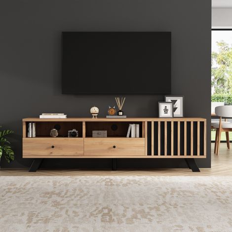 Meuble TV pour écran 60 pouces, Banc de télévision pour salon avec 2 tiroirs et 1 placard, Support TV en bois de 150 cm , Bois naturel et noir (1/5)