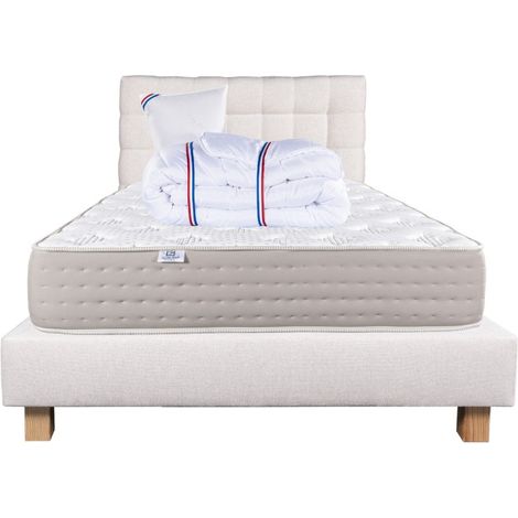 Ensemble Matelas Dreamlux 26cm ressorts ensachés ferme face été/hiver+sommier beige ep20cm+oreiller+couette+Tête de Lit, 90x190cm (1/5)