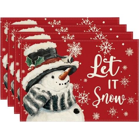Lot de 4 nappes de Noël, motif bonhomme de neige et rubans de pin rouge, Holida 45 x 30 cm