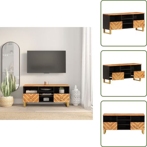 The Living Store Mueble de TV madera maciza mango marrón y negro 100x33,5x46 cm - Madera maciza