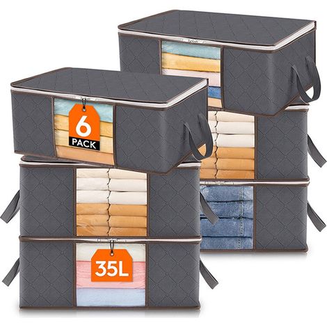Housse de rangement pour vêtements, housse de rangement pliable, housse de rangement pour lit, housse de rangement pour couette, pour vêtements, couvertures, déménagement, gris, 35 l, lot de 6 (1/5)