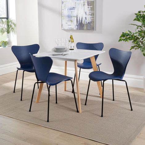 Dining Table Set 80cm White Top Wooden Legs 4 Curved Plastic Blue Metal Chairs (1/5)