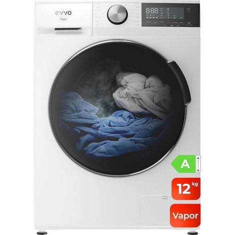 EVVO Lave-linge 12 kg, vapeur, moteur Inverter, basse consommation, classe A, Hygiene Pro, lavage rapide 15 min, tambour ePROTECT, SMART LOAD