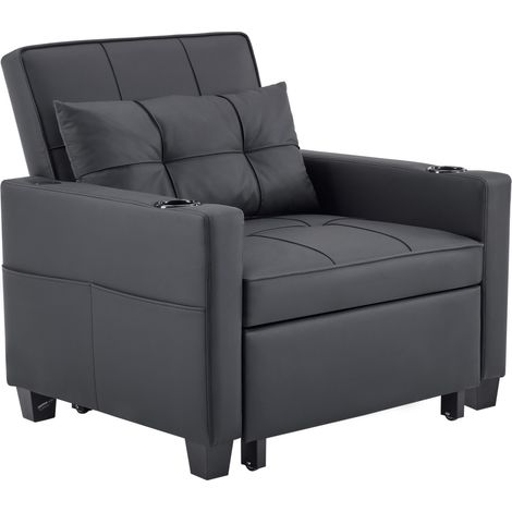 Canapé-lit une place 3-en-1 convertible avec porte-gobelets, prise USB, dossier réglable et rangement latéral, cuir régénéré noir pour petits espaces – CHICFURN (1/5)