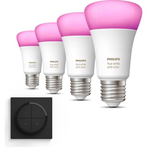 Philips Hue Kit d'extension E27 avec 4 Ampoules Standard Lumière blanche et colorée - Incl. 1 Interrupteur à cadran (Noir) - White and Color Ambiance (1/5)