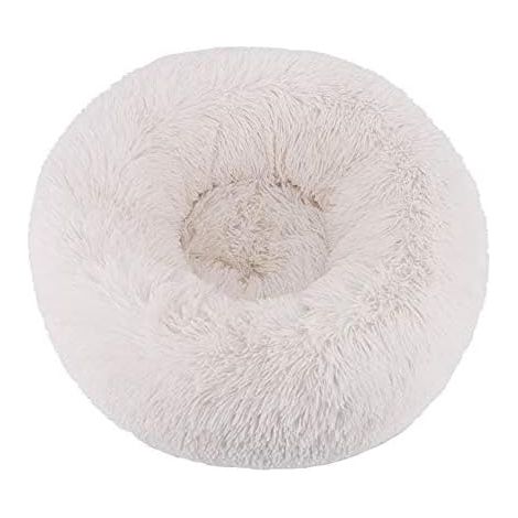 rundes, flauschiges, ecrufarbenes Kissen