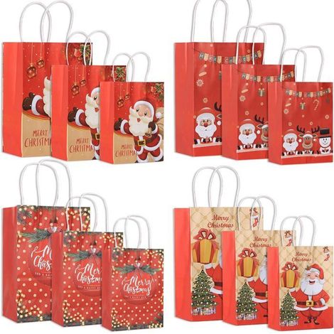 Sacs cadeaux de Noël, lot de 12 sacs en papier kraft avec poignées, sacs à bonbons d'anniversaire résistants, grands, moyens et grands (1/5)