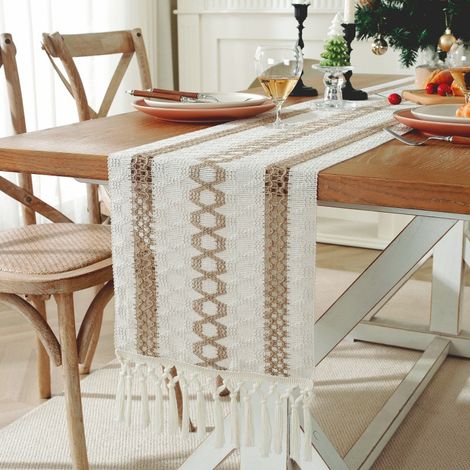 Runner da tavola, 183 cm x 30 cm, tovaglia a righe in stile rustico bohémien, adatta per cucina o sala da pranzo, colore beige.