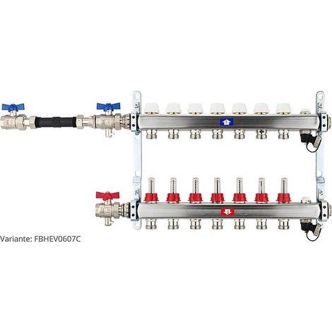 Fußbodenheizungsverteiler aus Edelstahl mit Topmeter für 7 Heizkreise - mit WMZ-Anschlussset 110 mm waagrecht (1/3)