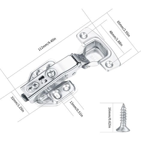 2 charnières pour portes de cuisine, charnières à fermeture amortie pour portes de placards et d'armoires, charnières pliantes avec vis, charnières de placards à recouvrement total et silencieuses