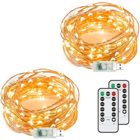 Guirlande lumineuse féérique USB, lot de 2 guirlandes étoilées avec télécommande, cuivre étancheLumières (blanc chaud) (1/5)