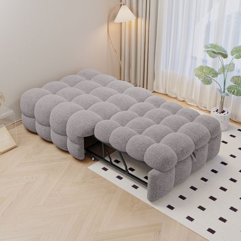 Ausziehbares Schlafsofa Grau 2-in-1 Fußhocker und Einzelbett aus Boucle Teddy Samt, Platzsparendes Gästebett ohne Matratze, 183x76 cm (1/5)