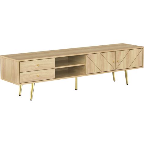 Meuble TV 160 cm en bois avec pieds dorés, deux tiroirs et portes au design unique (1/5)